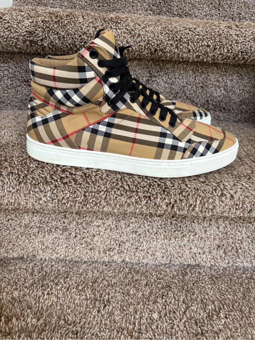 Burberry Men’s High-Top Nova Check Sneakers in Tan, Black, Red